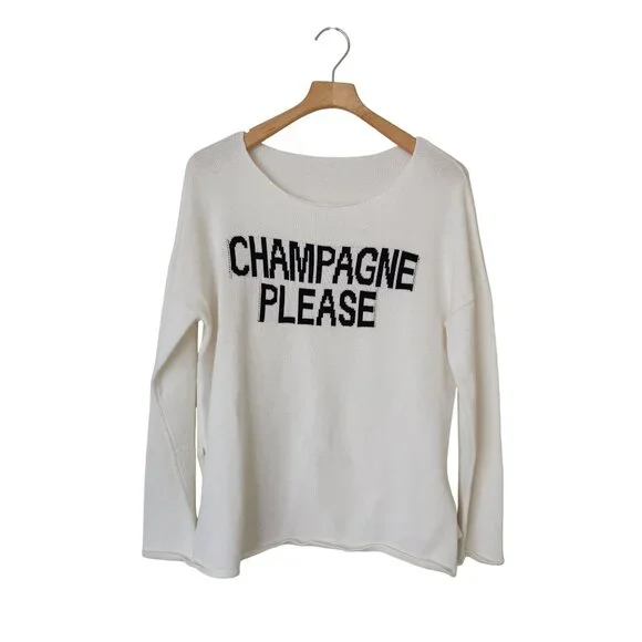 Champagne Please White Knit Cottom Sweater Comfy Cozy Casual Beach Party Cute - Picture 2 of 8
